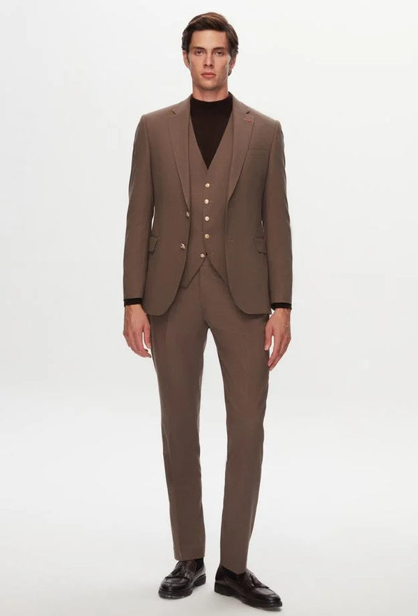 Ds Damat Slim Fit Brown Dobby Suit with Vest-D'S DAMAT ONLINE