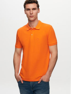 Ds Damat Regular Fit Orange Pique Textured 100% Cotton Polo Neck T-Shirt-D'S DAMAT ONLINE