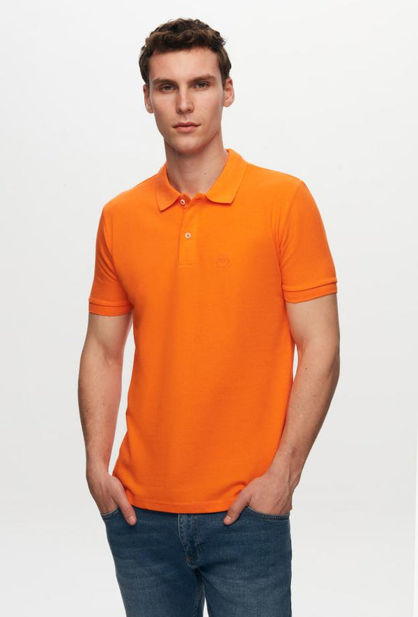 Ds Damat Regular Fit Orange Pique Textured 100% Cotton Polo Neck T-Shirt-D'S DAMAT ONLINE