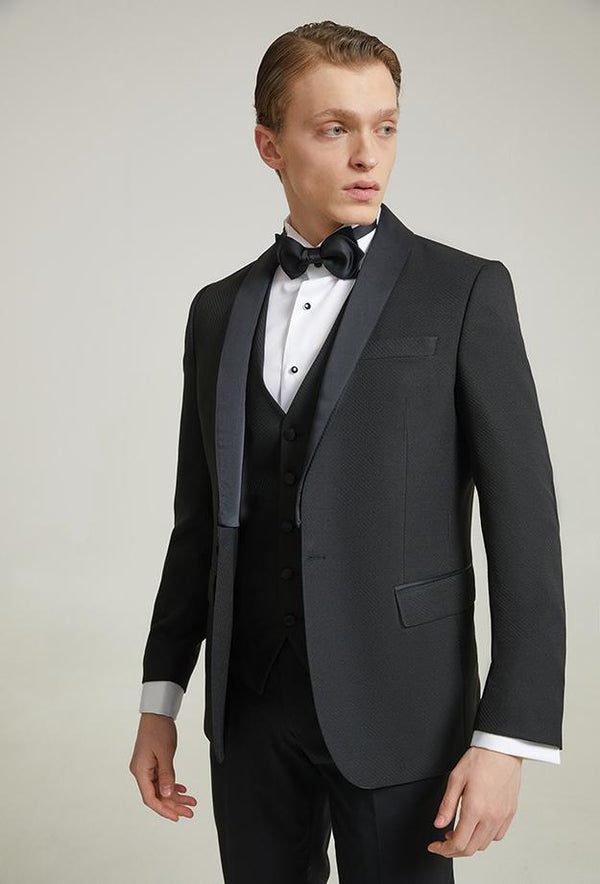 Ds Damat Slim Fit Black Dobby Groom Suit & Tuxedo Vest Suit-D'S DAMAT ONLINE