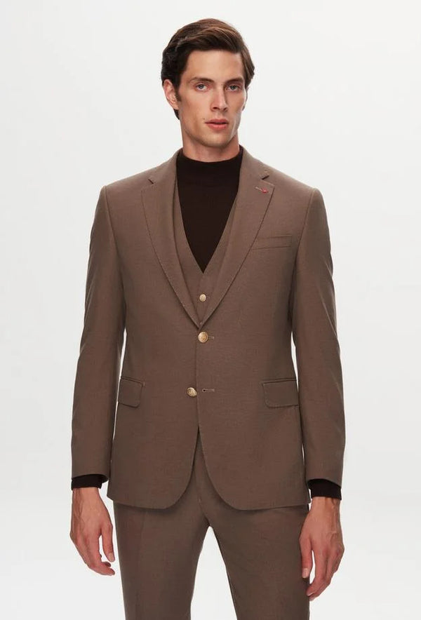 Ds Damat Slim Fit Brown Dobby Suit with Vest-D'S DAMAT ONLINE