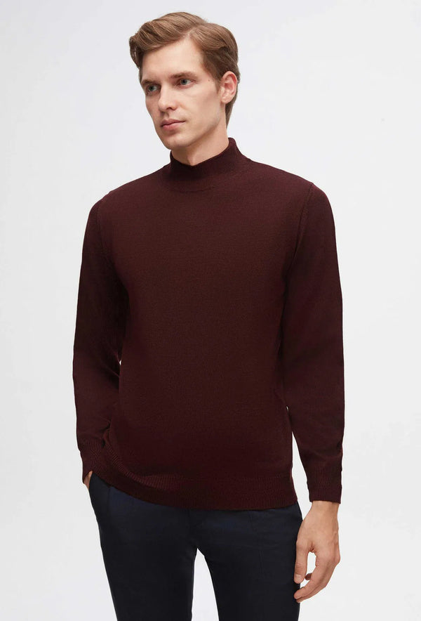 Ds Damat Regular Fit Burgundy Plain Knit Half Turtleneck Wool Knitwear Sweater