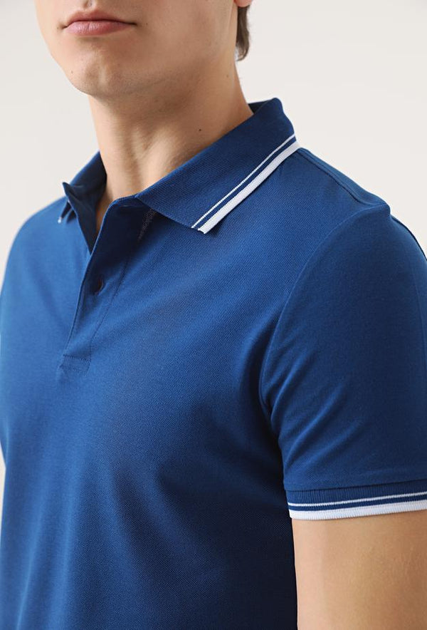 Twn Slim Fit Indigo Plain Knit 100% Cotton Polo T-Shirt-D'S DAMAT ONLINE