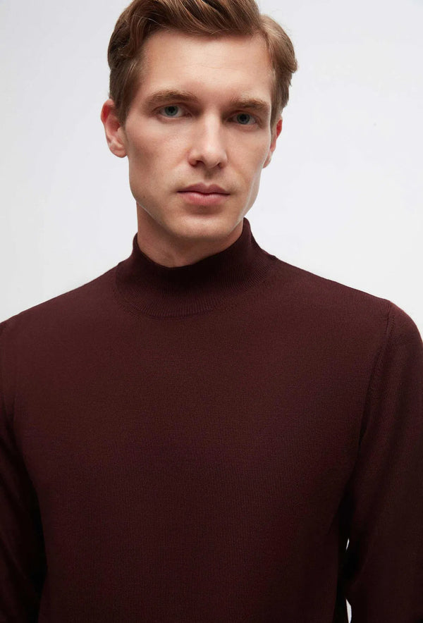 Ds Damat Regular Fit Burgundy Plain Knit Half Turtleneck Wool Knitwear Sweater