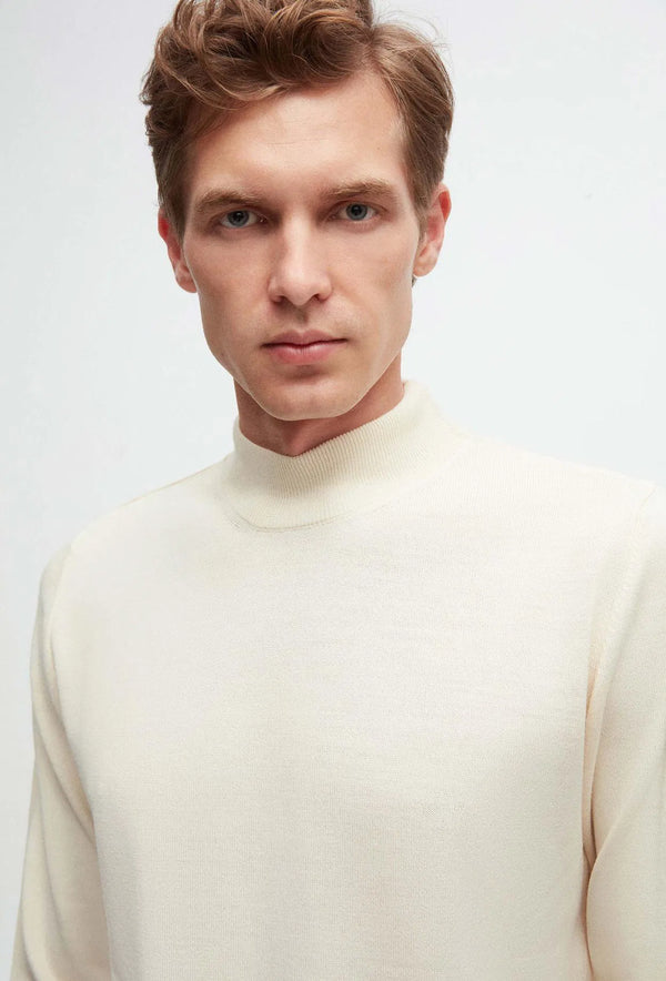 Ds Damat Regular Fit Off White Plain Knit Half Turtleneck Wool Knitwear Sweater