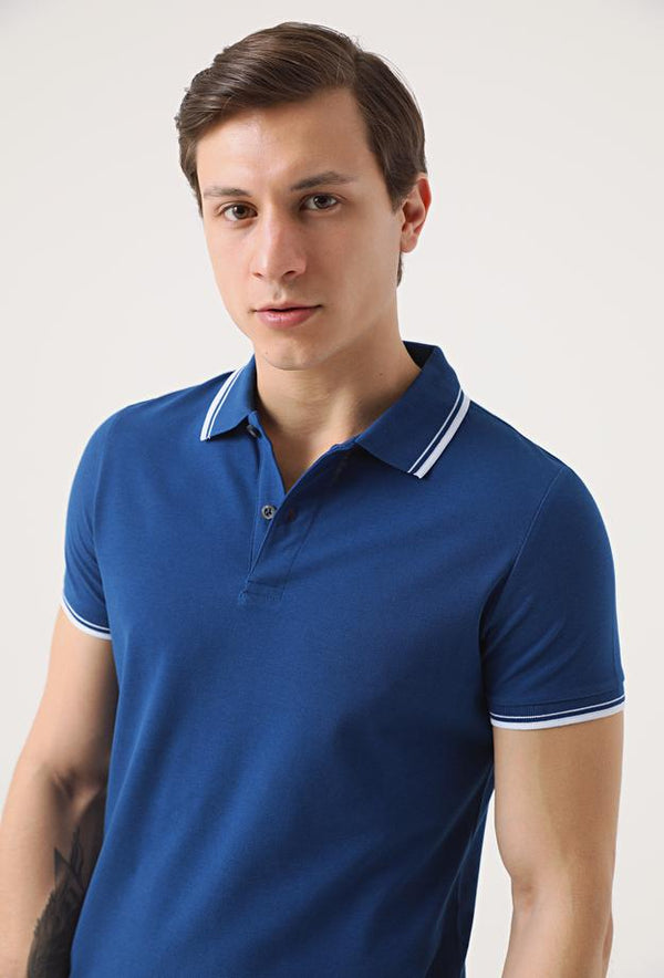 Twn Slim Fit Indigo Plain Knit 100% Cotton Polo T-Shirt-D'S DAMAT ONLINE