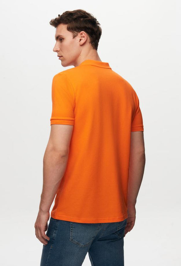 Ds Damat Regular Fit Orange Pique Textured 100% Cotton Polo Neck T-Shirt-D'S DAMAT ONLINE