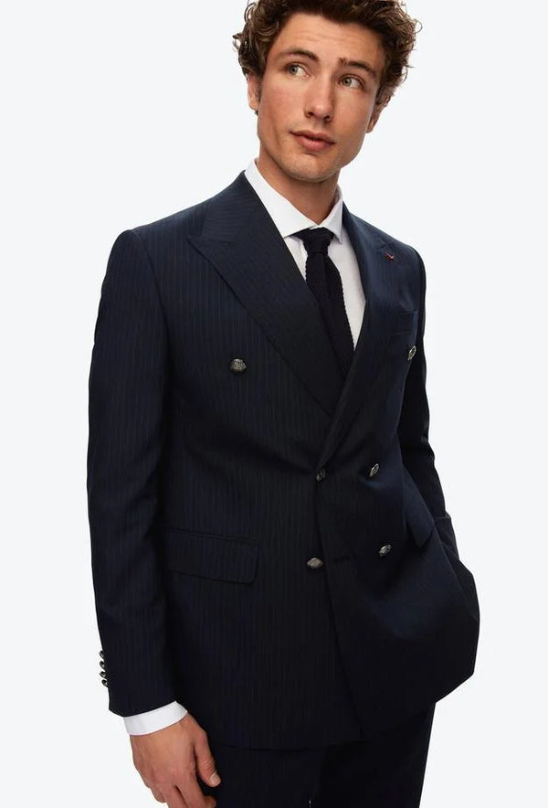 Ds Damat Regular Fit Navy Blue Striped Double Breasted Suit-D'S DAMAT ONLINE