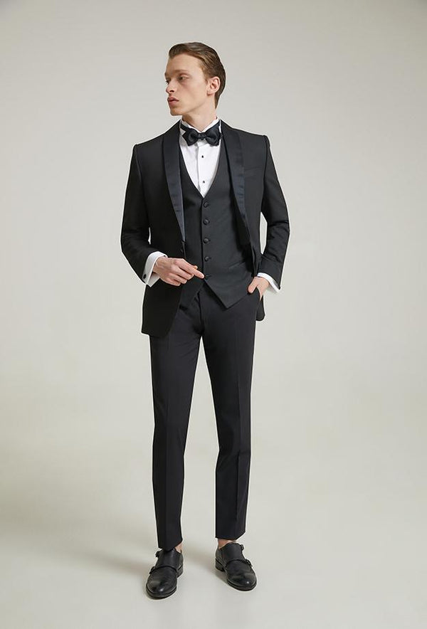 Ds Damat Slim Fit Black Dobby Groom Suit & Tuxedo Vest Suit-D'S DAMAT ONLINE