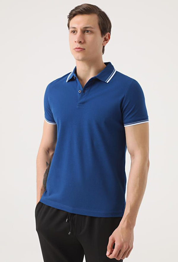 Twn Slim Fit Indigo Plain Knit 100% Cotton Polo T-Shirt-D'S DAMAT ONLINE