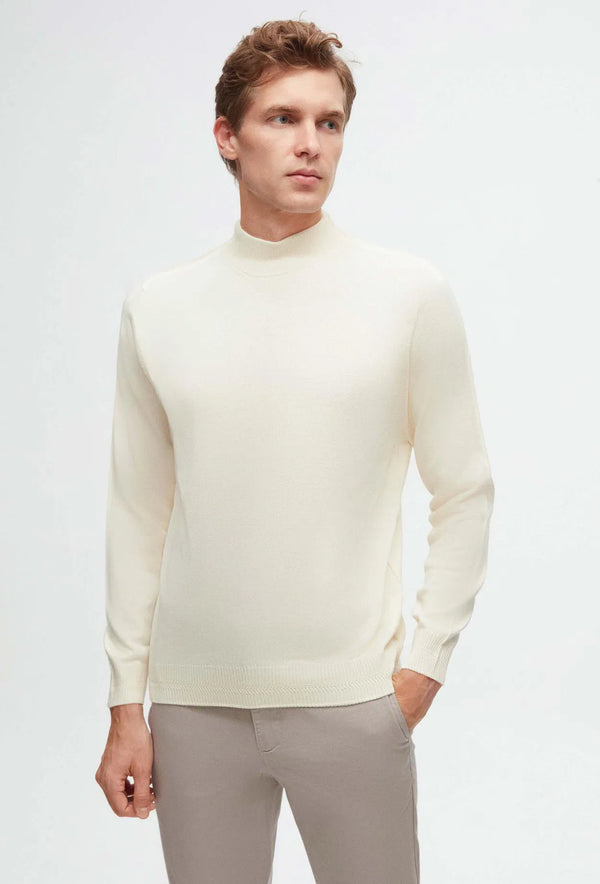 Ds Damat Regular Fit Off White Plain Knit Half Turtleneck Wool Knitwear Sweater