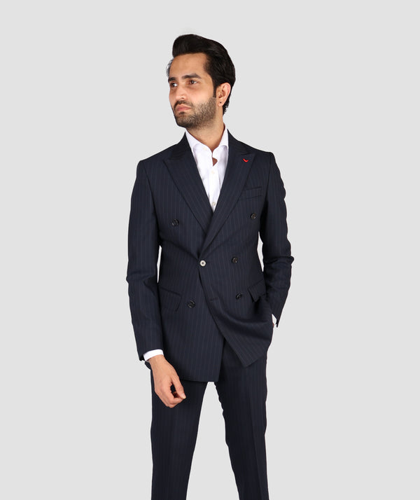 DS Damat Striped Navy Blue Slim Fit Suit-D'S DAMAT ONLINE