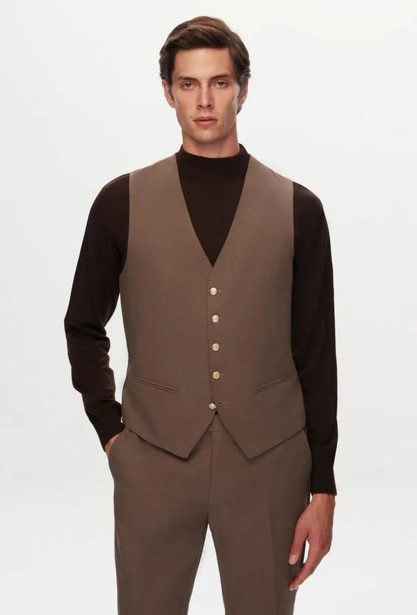 Ds Damat Slim Fit Brown Dobby Suit with Vest-D'S DAMAT ONLINE