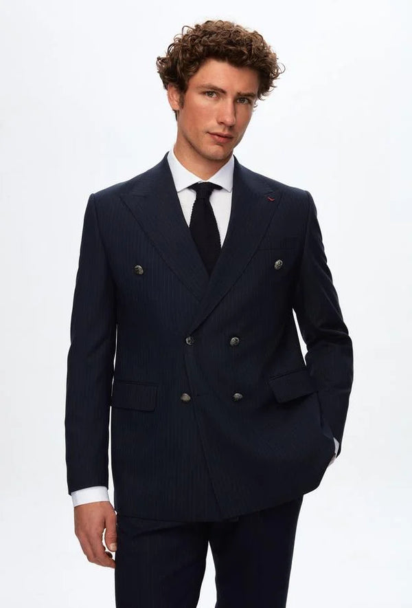 Ds Damat Regular Fit Navy Blue Striped Double Breasted Suit-D'S DAMAT ONLINE