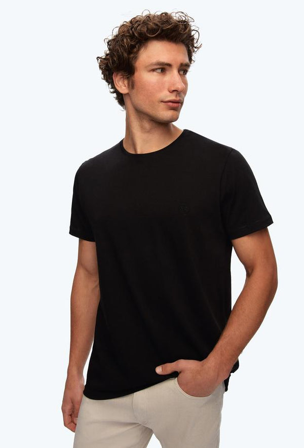 Ds Damat Regular Fit Black Plain Knitted T-shirt-D'S DAMAT ONLINE