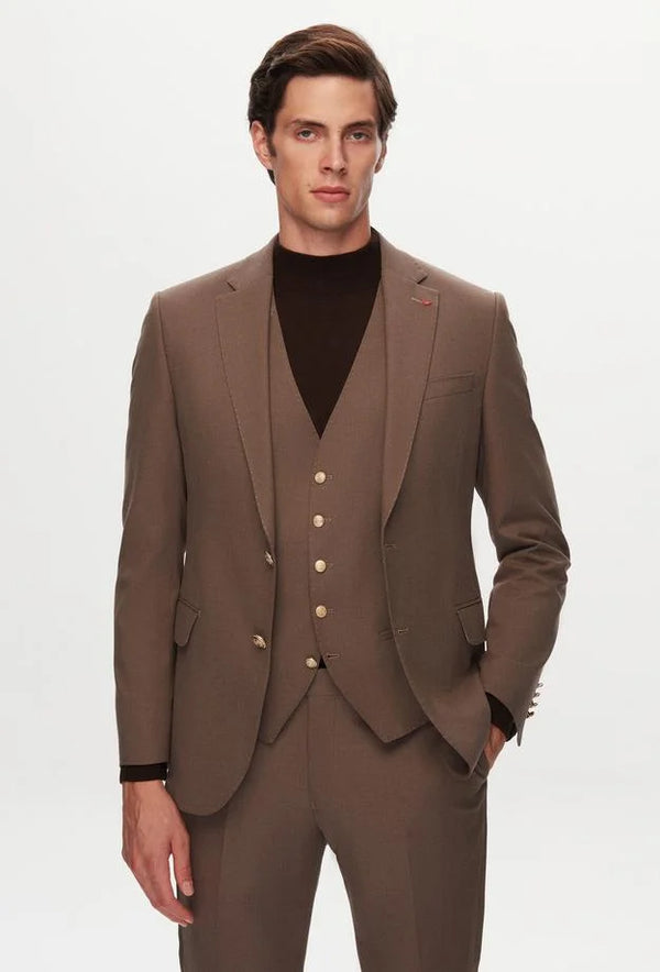 Ds Damat Slim Fit Brown Dobby Suit with Vest-D'S DAMAT ONLINE