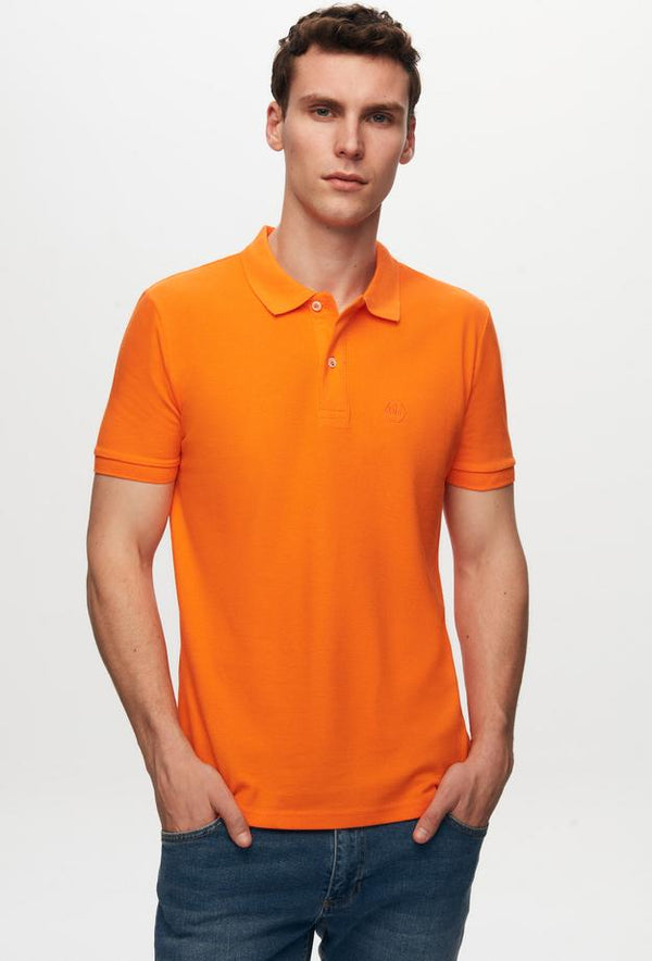 Ds Damat Regular Fit Orange Pique Textured 100% Cotton Polo Neck T-Shirt-D'S DAMAT ONLINE