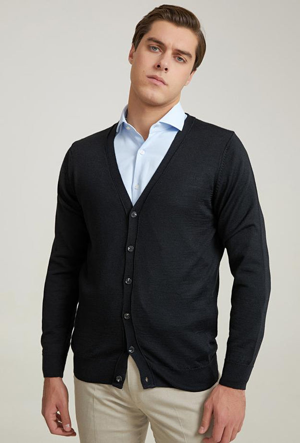 Ds Damat Regular Fit Black Plain Knitted Cardigan-D'S DAMAT ONLINE